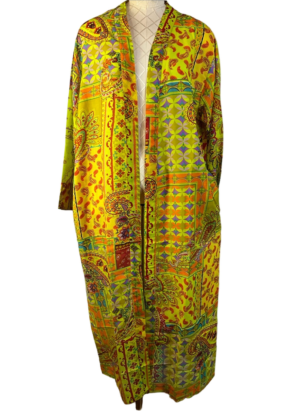 Raj Boho Green Floral Paisley Patchwork Duster Open Front Kimono with Pockets